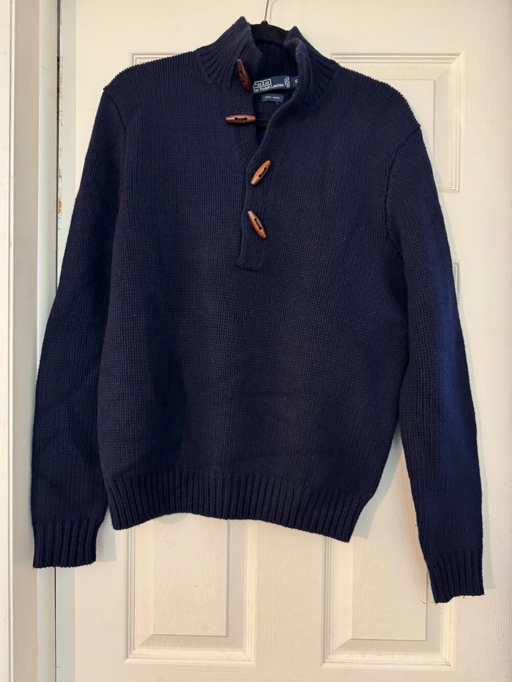 Vintage Polo by Ralph Lauren 100% Wool Navy Mock Neck Toggle Sweater Size Small